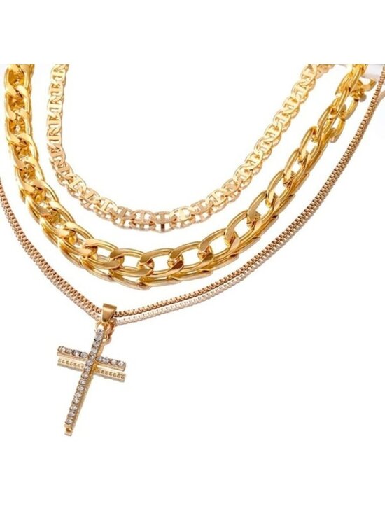 Chryx Layered Cross Necklace – Disturbia Layered Cross Pendant Necklace Set – 3 Chains Statement Style